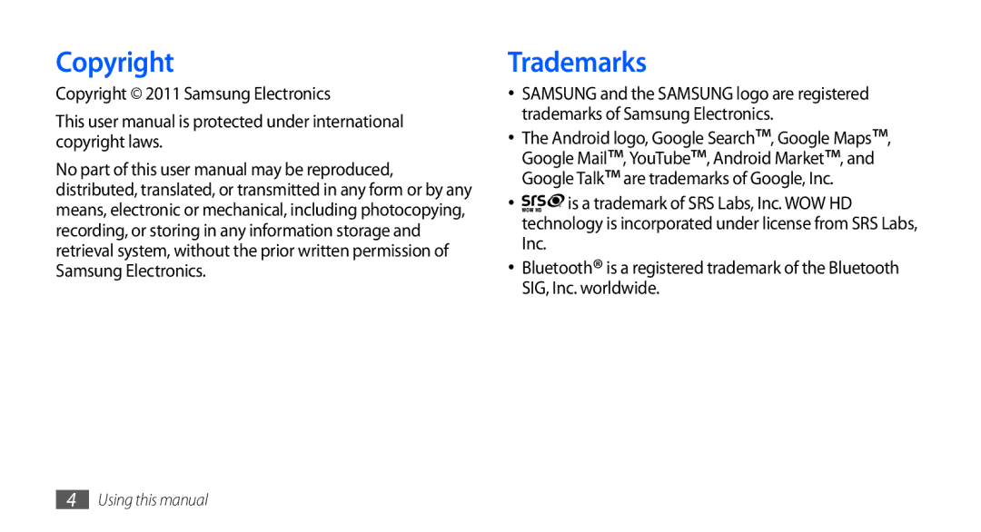 Samsung GT-I5510XKADTM, GT-I5510XKADBT, GT-I5510XKAATO, GT-I5510DWAVD2 Trademarks, Copyright 2011 Samsung Electronics 