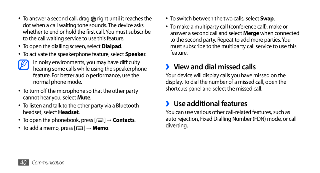 Samsung GT-I5510EWAFTM, GT-I5510XKADBT, GT-I5510XKAATO manual ›› View and dial missed calls, ›› Use additional features 
