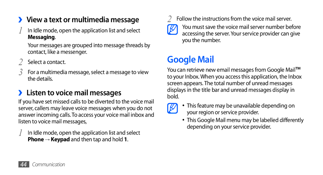 Samsung GT-I5510EWAXEF Google Mail, ›› View a text or multimedia message, ›› Listen to voice mail messages, Messaging 