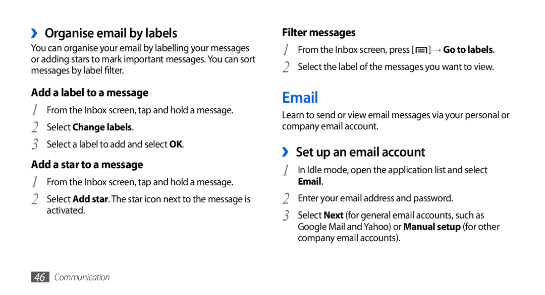 Samsung GT-I5510EWAVGF, GT-I5510XKADBT manual ›› Organise email by labels, ›› Set up an email account, Select Change labels 