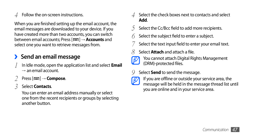 Samsung GT-I5510CWANRJ manual Follow the on-screen instructions, → an email account, Select Attach and attach a file 