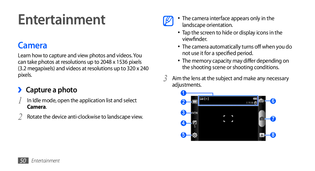 Samsung GT-I5510XKABOG, GT-I5510XKADBT, GT-I5510XKAATO, GT-I5510DWAVD2 manual Entertainment, Camera, ›› Capture a photo 