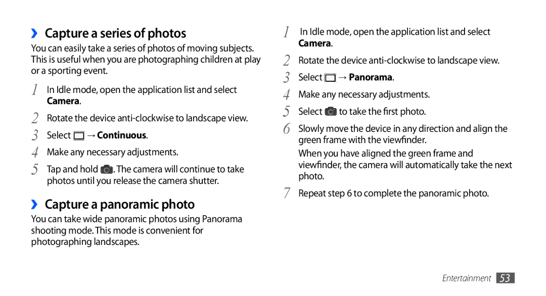 Samsung GT-I5510DWABOG manual ›› Capture a series of photos, ›› Capture a panoramic photo, → Continuous, → Panorama 