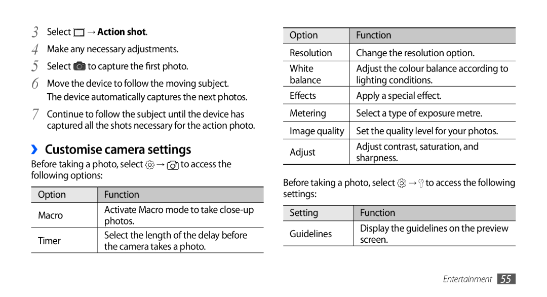 Samsung GT-I5510XKAOMN, GT-I5510XKADBT, GT-I5510XKAATO, GT-I5510DWAVD2 manual ›› Customise camera settings, → Action shot 