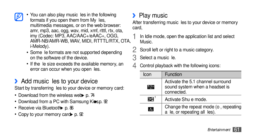 Samsung GT-I5510XKACYV, GT-I5510XKADBT, GT-I5510XKAATO, GT-I5510DWAVD2 manual ›› Add music files to your device, ›› Play music 