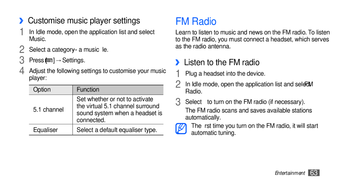 Samsung GT-I5510XKACYO, GT-I5510XKADBT manual FM Radio, ›› Customise music player settings, ›› Listen to the FM radio 