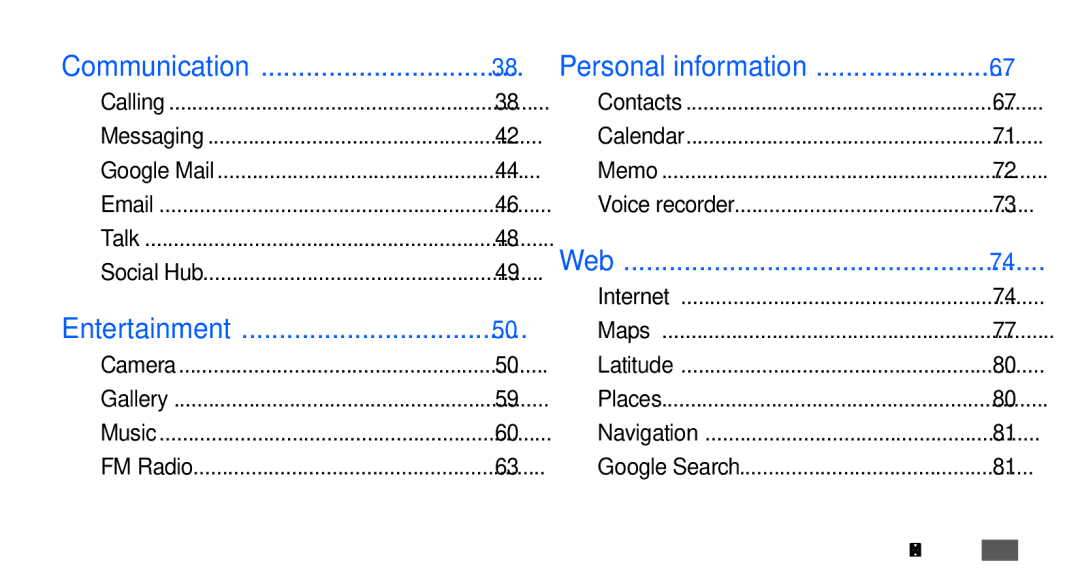 Samsung GT-I5510CWAXEF, GT-I5510XKADBT, GT-I5510XKAATO manual Communication Personal information, Web, Entertainment 