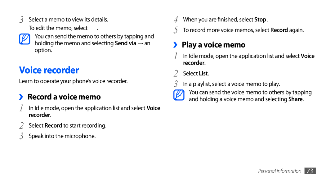 Samsung GT-I5510DWAXEF, GT-I5510XKADBT manual Voice recorder, ›› Record a voice memo, ›› Play a voice memo, Recorder 