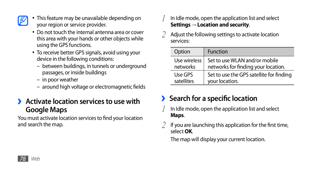 Samsung GT-I5510EWAVGF manual ›› Activate location services to use with Google Maps, ›› Search for a specific location 