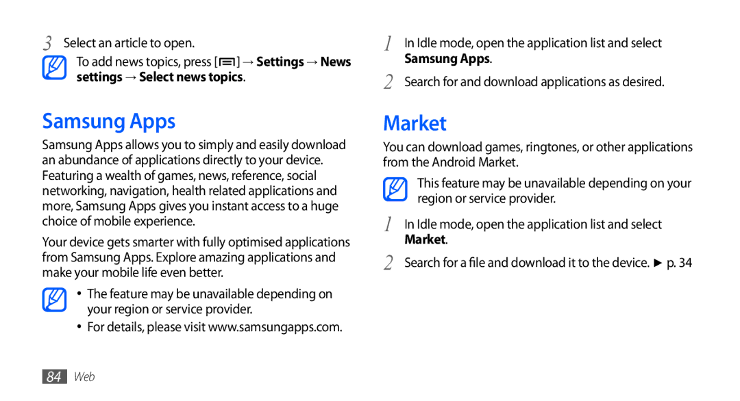 Samsung GT-I5510DWAFTM, GT-I5510XKADBT, GT-I5510XKAATO, GT-I5510DWAVD2 manual Samsung Apps, Market, Select an article to open 