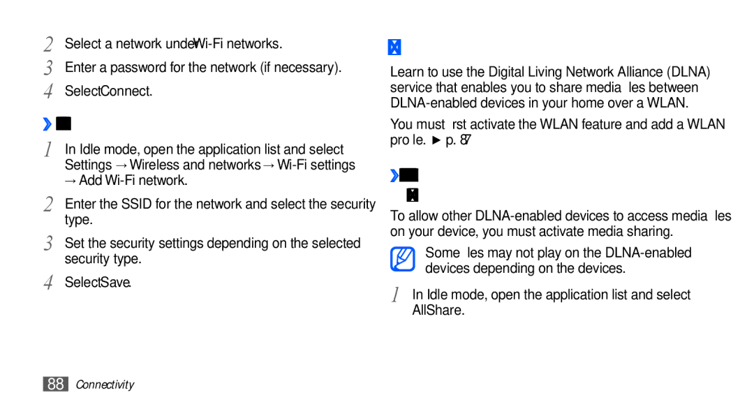 Samsung GT-I5510XKAVOM AllShare, ›› Add a Wlan manually, ›› Customise Dlna settings for sharing Media files 