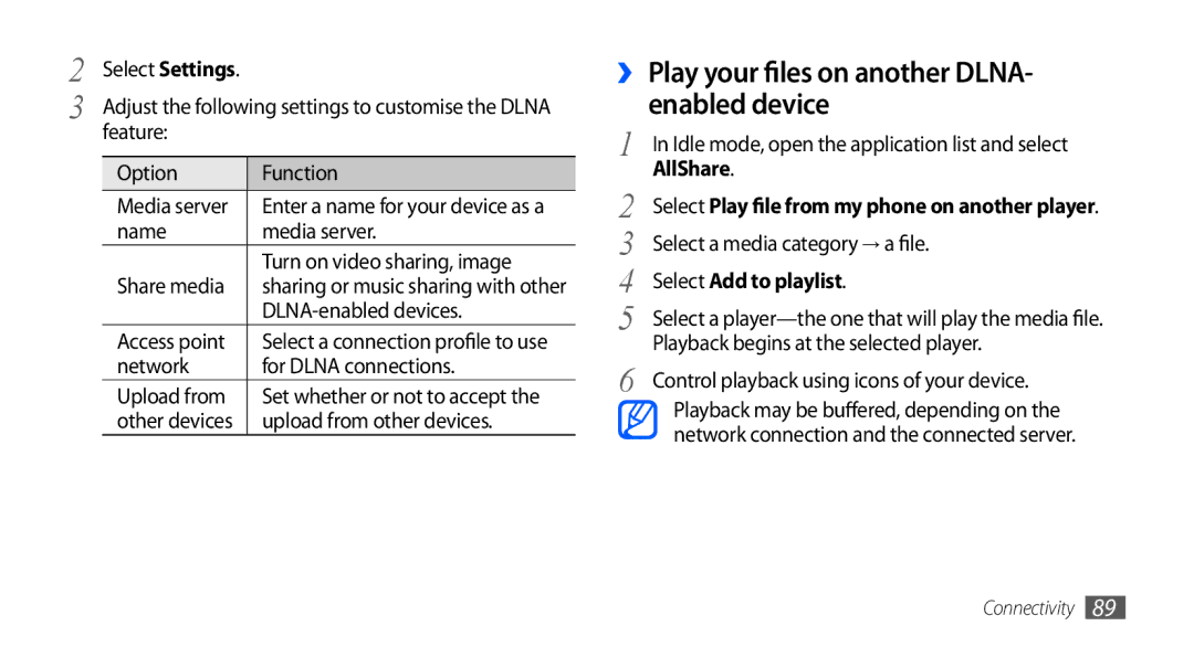 Samsung GT-I5510XKAXEZ, GT-I5510XKADBT manual ›› Play your files on another DLNA- enabled device, Select Add to playlist 