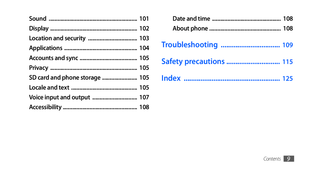 Samsung GT-I5510DWAXEF, GT-I5510XKADBT, GT-I5510XKAATO, GT-I5510DWAVD2 manual Troubleshooting, Safety precautions, Index 