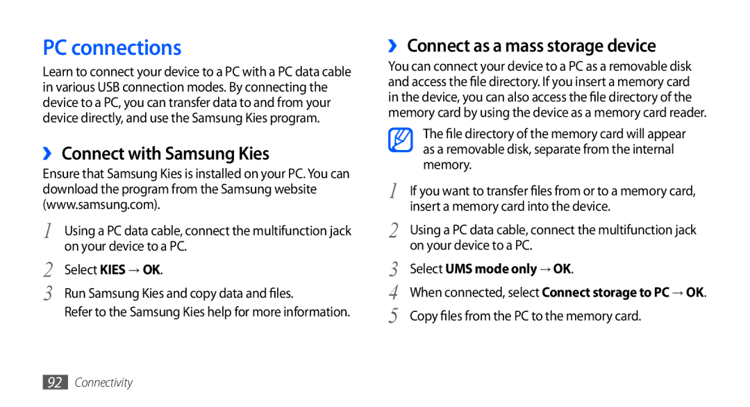 Samsung GT-I5510XKASEB, GT-I5510XKADBT PC connections, ›› Connect with Samsung Kies, ›› Connect as a mass storage device 