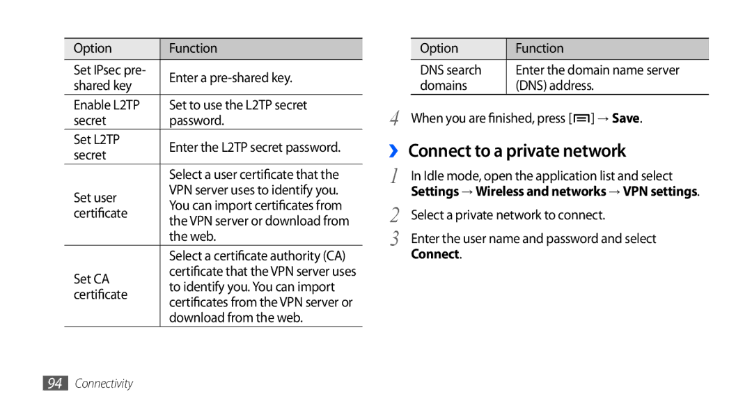 Samsung GT-I5510XKAVGR, GT-I5510XKADBT, GT-I5510XKAATO ›› Connect to a private network, Select a private network to connect 