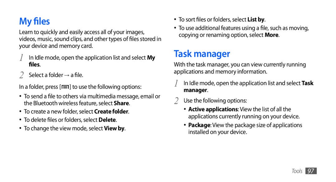 Samsung GT-I5510XKAATO, GT-I5510XKADBT, GT-I5510DWAVD2, GT-I5510XKAVD2, GT-I5510XKADTM My files, Task manager, Files, Manager 