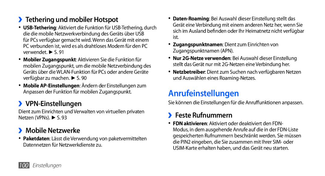 Samsung GT-I5510XKADTM manual Anrufeinstellungen, ››Tethering und mobiler Hotspot, ››VPN-Einstellungen, ››Mobile Netzwerke 