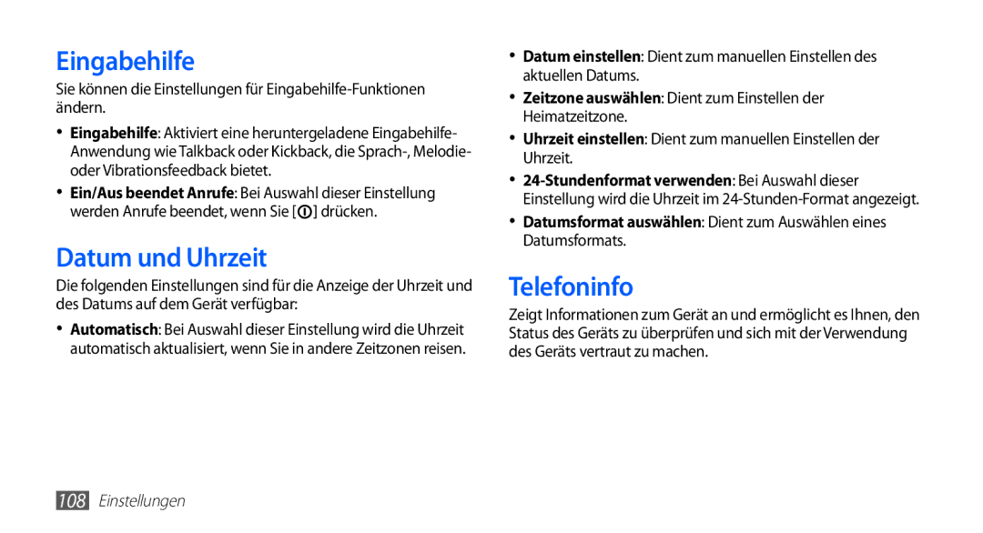 Samsung GT-I5510XKADBT, GT-I5510XKAATO, GT-I5510DWAVD2, GT-I5510XKAVD2 manual Eingabehilfe, Datum und Uhrzeit, Telefoninfo 