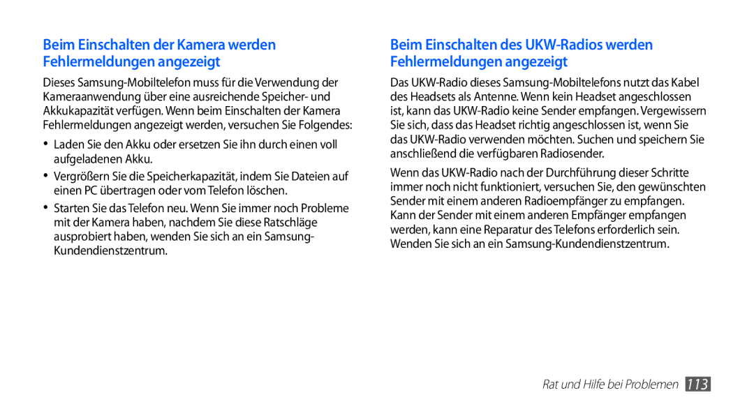 Samsung GT-I5510DWADBT, GT-I5510XKADBT, GT-I5510XKAATO manual Beim Einschalten der Kamera werden Fehlermeldungen angezeigt 