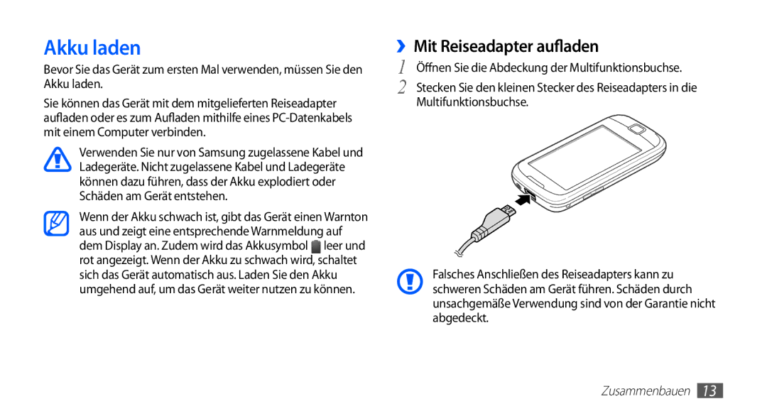 Samsung GT-I5510XKAATO, GT-I5510XKADBT, GT-I5510DWAVD2, GT-I5510XKAVD2 manual Akku laden, ››Mit Reiseadapter aufladen 