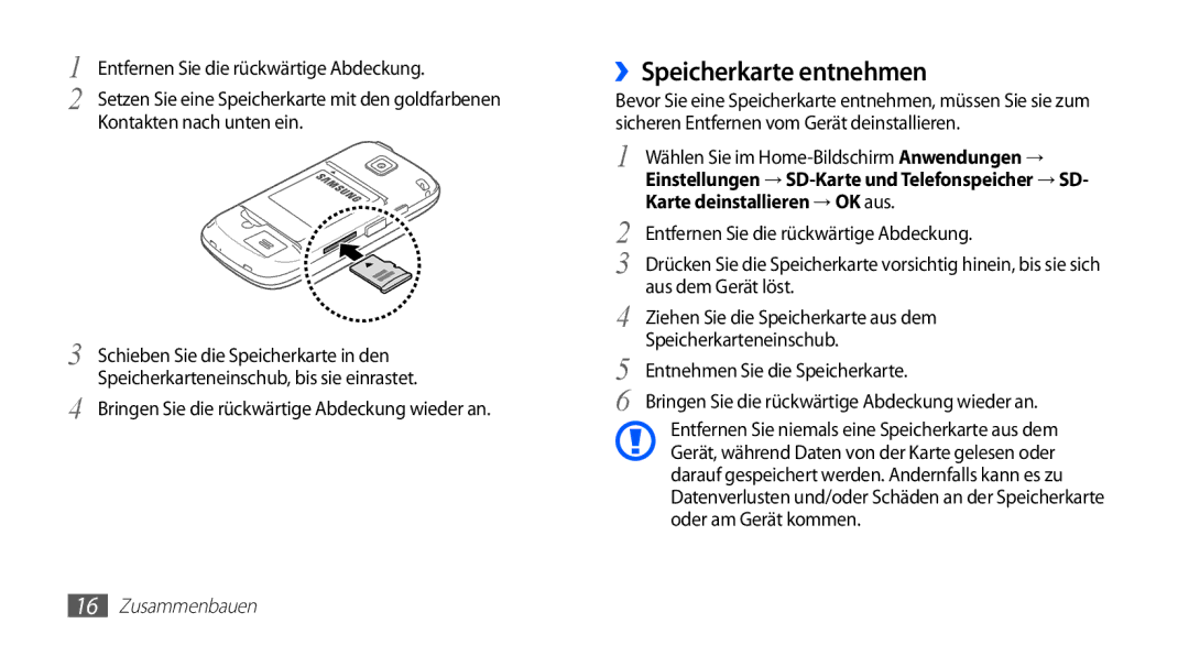 Samsung GT-I5510XKADTM, GT-I5510XKADBT, GT-I5510XKAATO manual ››Speicherkarte entnehmen, Karte deinstallieren → OK aus 