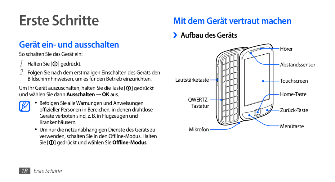 Samsung GT-I5510XKADBT manual Erste Schritte, Mit dem Gerät vertraut machen Gerät ein- und ausschalten, Lautstärketaste 