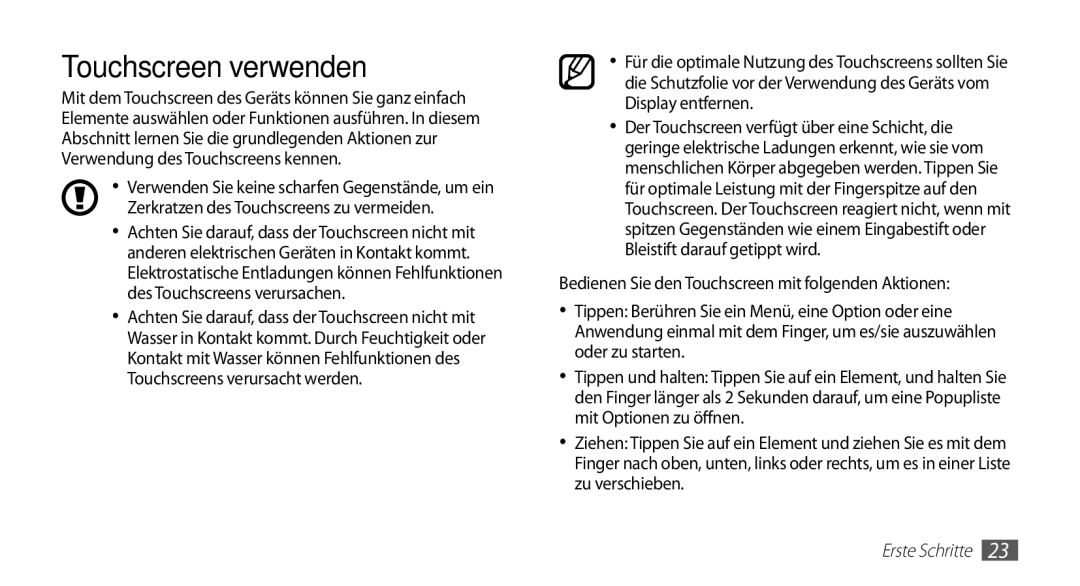 Samsung GT-I5510DWADBT, GT-I5510XKADBT, GT-I5510XKAATO manual Touchscreen verwenden, Zerkratzen des Touchscreens zu vermeiden 