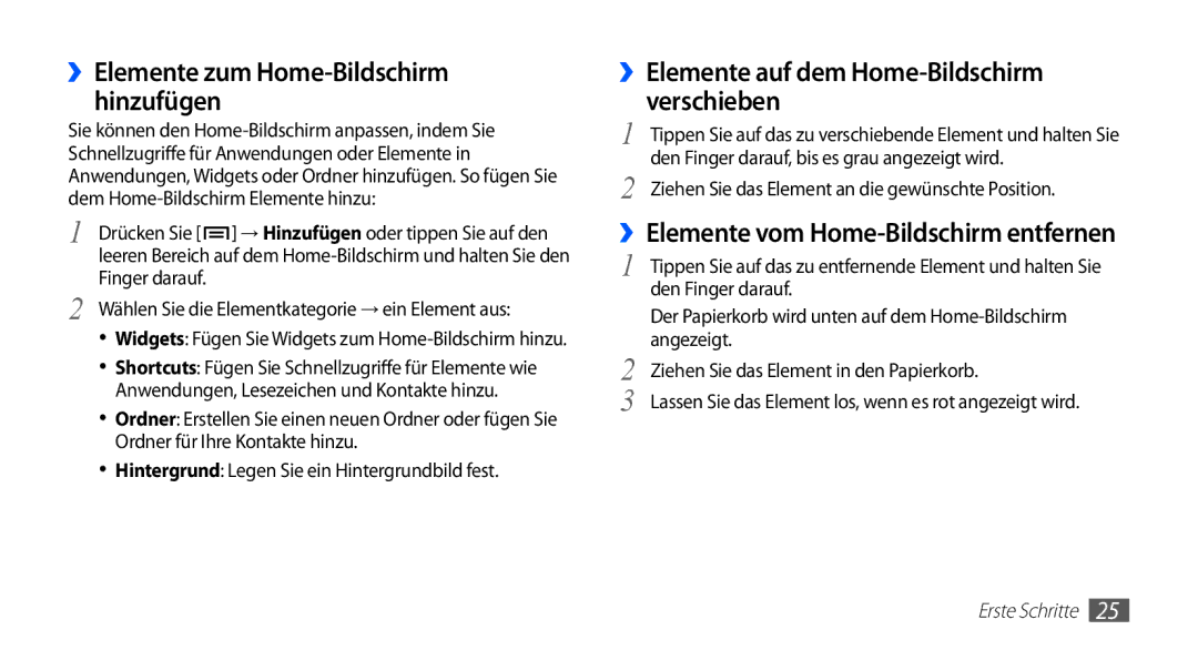 Samsung GT-I5510XKAATO ››Elemente auf dem Home-Bildschirm verschieben, ››Elemente vom Home-Bildschirm entfernen, Angezeigt 