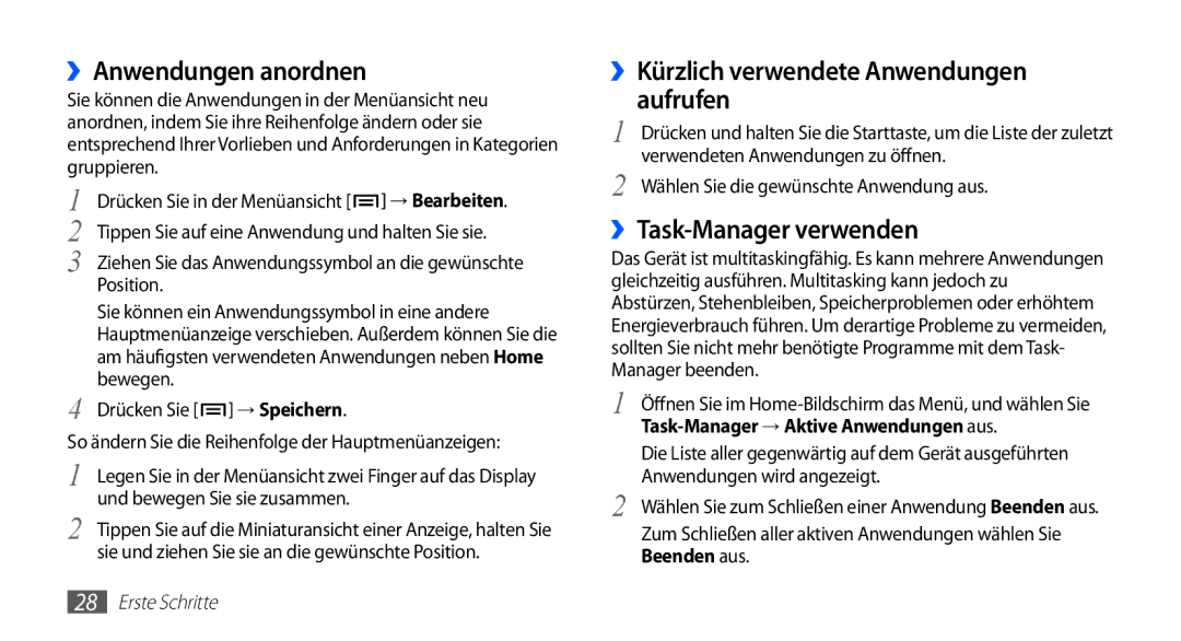 Samsung GT-I5510XKADTM manual ››Anwendungen anordnen, ››Kürzlich verwendete Anwendungen aufrufen, ››Task-Manager verwenden 