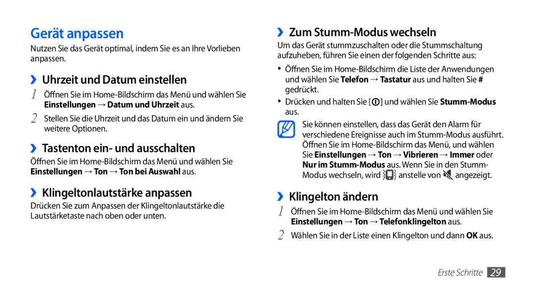 Samsung GT-I5510DWADBT, GT-I5510XKADBT, GT-I5510XKAATO, GT-I5510DWAVD2, GT-I5510XKAVD2, GT-I5510XKADTM manual Gerät anpassen 