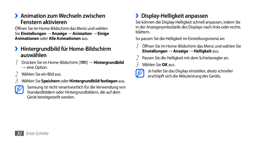 Samsung GT-I5510XKADBT manual ››Animation zum Wechseln zwischen Fenstern aktivieren, ››Display-Helligkeit anpassen 