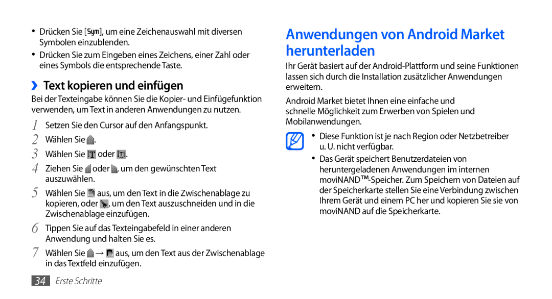 Samsung GT-I5510XKADTM, GT-I5510XKADBT manual Anwendungen von Android Market herunterladen, ››Text kopieren und einfügen 