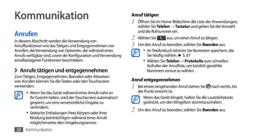 Samsung GT-I5510DWAVD2, GT-I5510XKADBT, GT-I5510XKAATO manual Kommunikation, Anrufen, ››Anrufe tätigen und entgegennehmen 