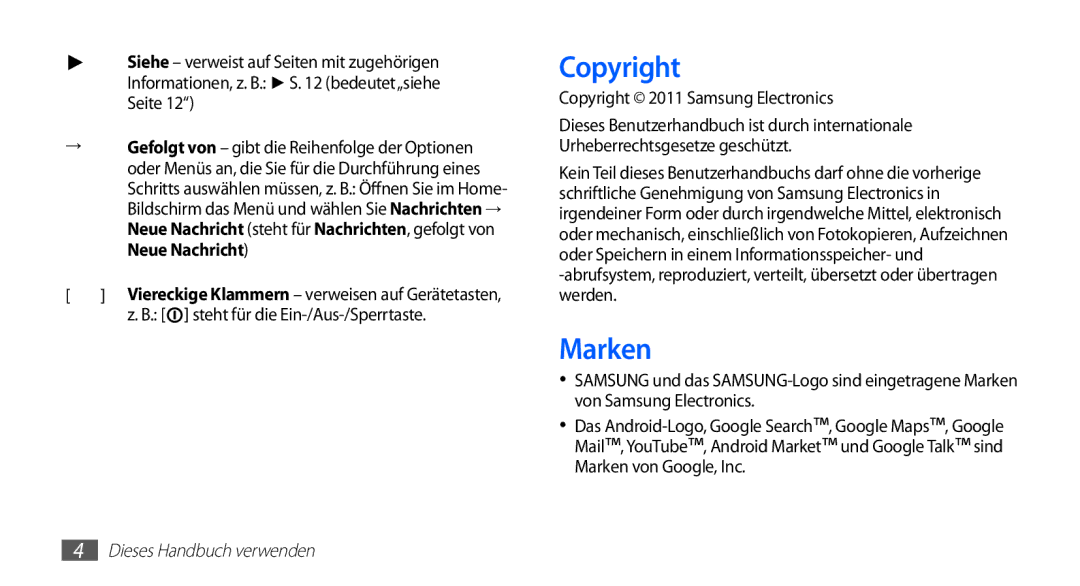 Samsung GT-I5510XKADTM, GT-I5510XKADBT manual Copyright, Marken, Neue Nachricht, Steht für die Ein-/Aus-/Sperrtaste 