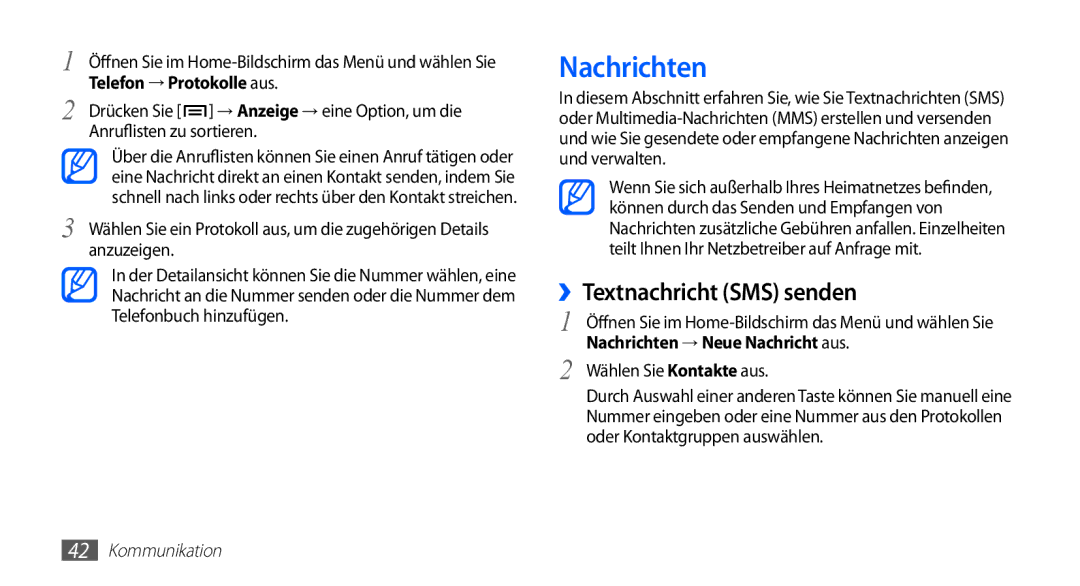 Samsung GT-I5510XKADBT manual ››Textnachricht SMS senden, Telefon → Protokolle aus, Nachrichten → Neue Nachricht aus 