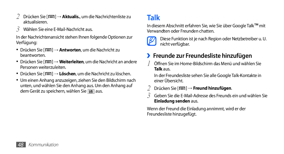 Samsung GT-I5510XKADBT, GT-I5510XKAATO manual ››Freunde zur Freundesliste hinzufügen, Talk aus, Einladung senden aus 