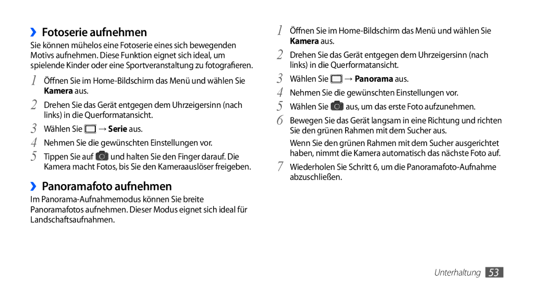 Samsung GT-I5510DWADBT, GT-I5510XKADBT manual ››Fotoserie aufnehmen, ››Panoramafoto aufnehmen, → Serie aus, → Panorama aus 
