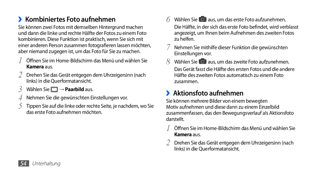 Samsung GT-I5510XKADBT, GT-I5510XKAATO manual ››Kombiniertes Foto aufnehmen, ››Aktionsfoto aufnehmen, → Paarbild aus 