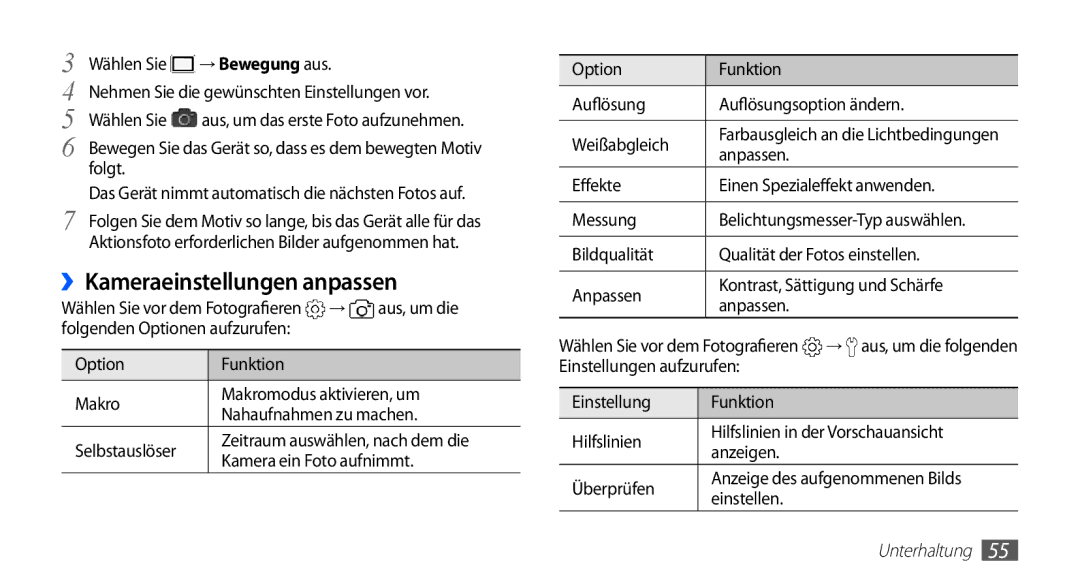 Samsung GT-I5510XKAATO, GT-I5510XKADBT, GT-I5510DWAVD2, GT-I5510XKAVD2, GT-I5510XKADTM manual ››Kameraeinstellungen anpassen 