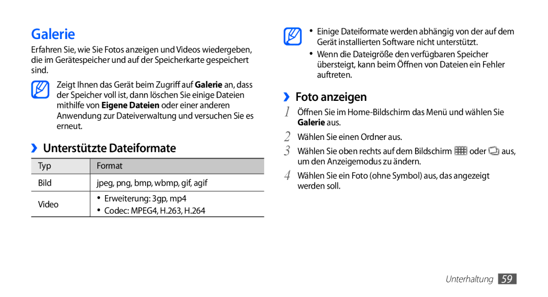 Samsung GT-I5510DWADBT, GT-I5510XKADBT, GT-I5510XKAATO manual ››Unterstützte Dateiformate, ››Foto anzeigen, Galerie aus 