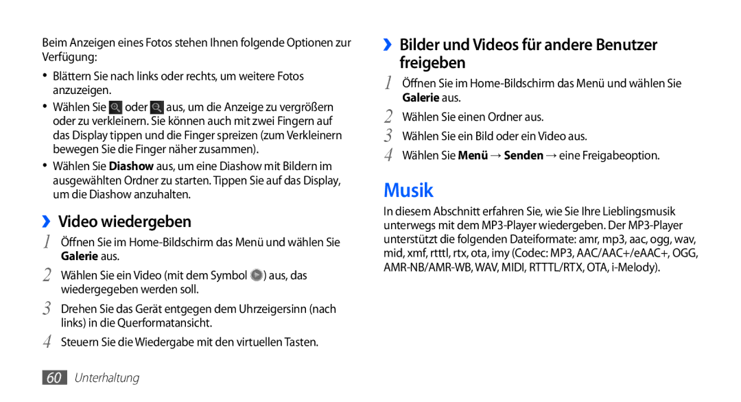 Samsung GT-I5510XKADBT, GT-I5510XKAATO manual Musik, ››Video wiedergeben, ››Bilder und Videos für andere Benutzer freigeben 