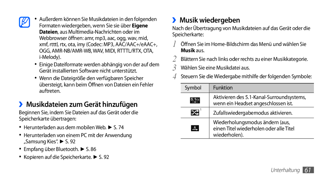 Samsung GT-I5510XKAATO, GT-I5510XKADBT, GT-I5510DWAVD2 ››Musikdateien zum Gerät hinzufügen, ››Musik wiedergeben, Musik aus 