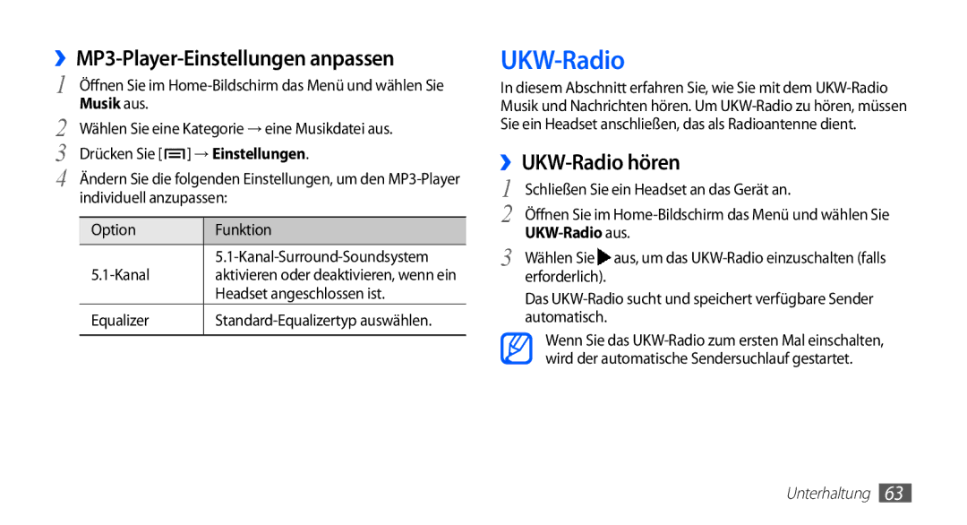 Samsung GT-I5510XKAVD2 manual ››MP3-Player-Einstellungen anpassen, ››UKW-Radio hören, → Einstellungen, UKW-Radio aus 