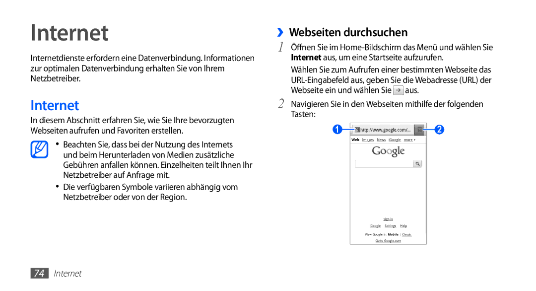 Samsung GT-I5510DWAVD2, GT-I5510XKADBT ››Webseiten durchsuchen, Internet aus, um eine Startseite aufzurufen, Tasten 