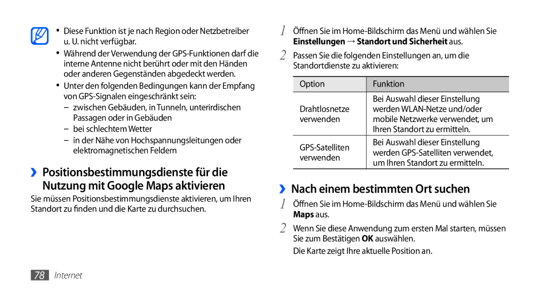 Samsung GT-I5510XKADBT manual ››Nach einem bestimmten Ort suchen, Einstellungen → Standort und Sicherheit aus, Maps aus 