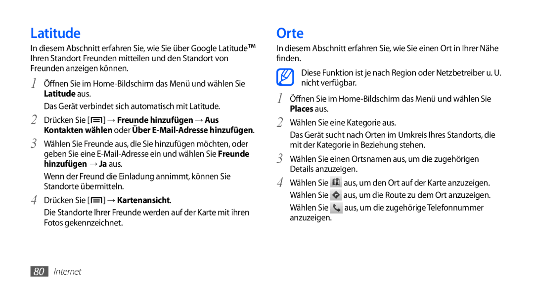 Samsung GT-I5510DWAVD2, GT-I5510XKADBT, GT-I5510XKAATO manual Latitude, Orte, → Freunde hinzufügen → Aus, Hinzufügen → Ja aus 