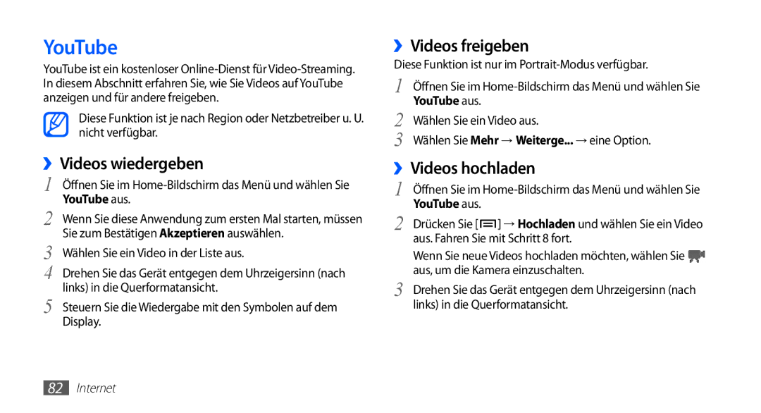 Samsung GT-I5510XKADTM, GT-I5510XKADBT manual ››Videos wiedergeben, ››Videos freigeben, ››Videos hochladen, YouTube aus 