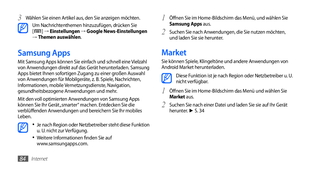 Samsung GT-I5510XKADBT, GT-I5510XKAATO, GT-I5510DWAVD2, GT-I5510XKAVD2 manual Market, → Themen auswählen, Samsung Apps aus 