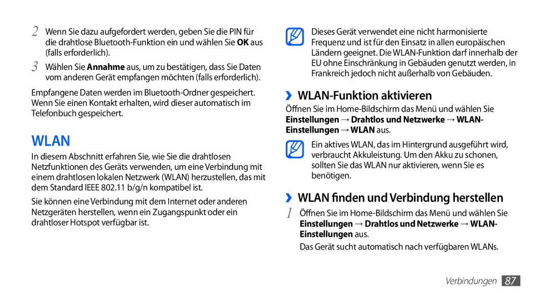 Samsung GT-I5510XKAVD2, GT-I5510XKADBT, GT-I5510XKAATO ››WLAN-Funktion aktivieren, ››WLAN finden und Verbindung herstellen 