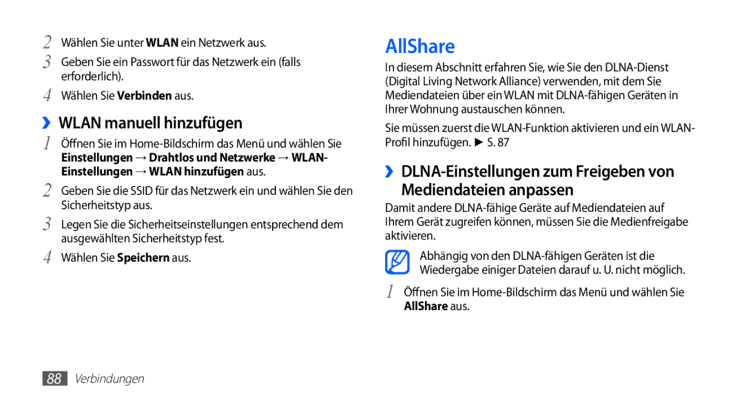 Samsung GT-I5510XKADTM, GT-I5510XKADBT ››WLAN manuell hinzufügen, Einstellungen → Wlan hinzufügen aus, AllShare aus 